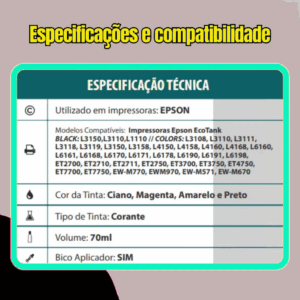 Kit 5 Tintas Compatíveis Eps L3150 L3210 L3250 L4160 L4260 Tinta Preto | Ciano | Magenta | Yellow